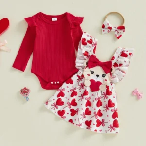 Baby Girl Valentine Outfit Set – Romper, Dress & Bow Headband