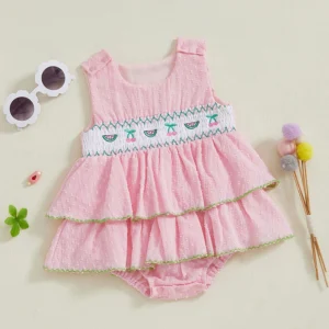 Baby Girl Sleeveless Romper Dress – Floral Ruffle Bow Outfit