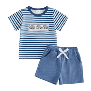 Fun Animal Embroidery Short Sleeve T-Shirts and Elastic Waist Shorts 2-Piece