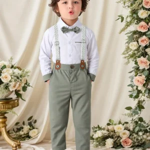 2-Piece Formal Outfit for Toddler Boys: Long Sleeve Shirt with Bowtie & Suspender Pants